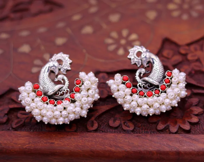 Earrings TRIBAL ORNAMENTS 925 sterling silver handmade vintage antique design peacock stud earring fabulous hanging pearl and red coral stone earring jewelry s705