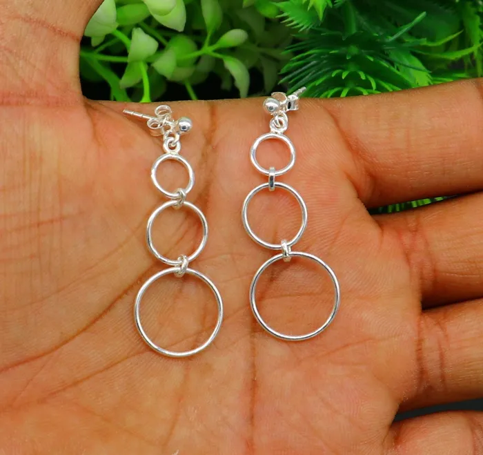 Earrings TRIBAL ORNAMENTS Genuine 925 sterling silver customized 3 circle design dainty plain fancy stud earring drop dangle geometric earring gift to her ear688 Earrings TRIBAL ORNAMENTS Genuine 925 sterling silver customized 3 circle design dainty plain fancy stud earring drop dangle geometric earring gift to her ear688
