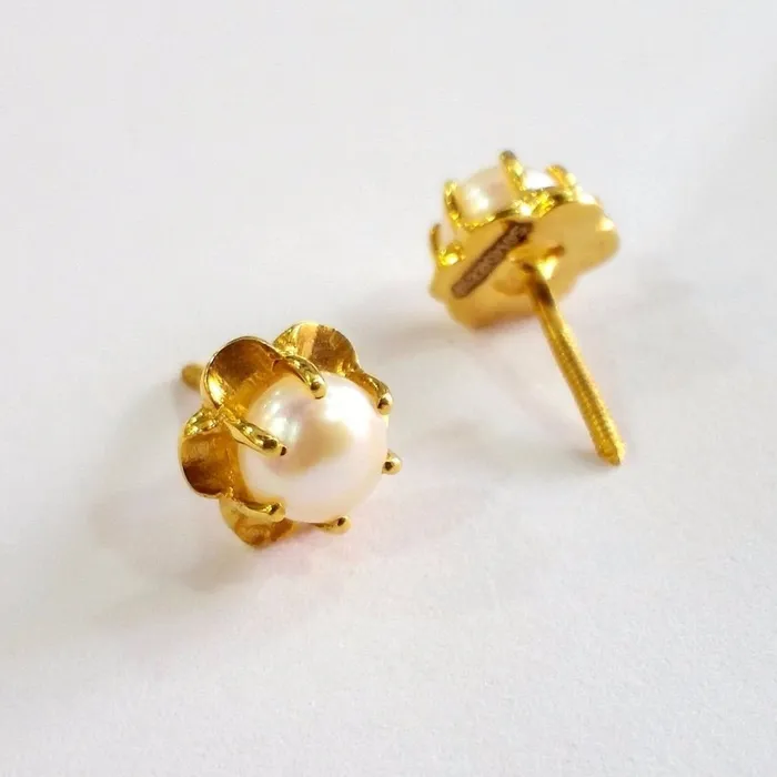 Earrings TRIBAL ORNAMENTS Indian traditional style vintage antique designer gorgeous 22karat yellow gold natural pearl stud earrings pair best collection er80
