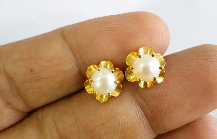 Earrings TRIBAL ORNAMENTS Indian traditional style vintage antique designer gorgeous 22karat yellow gold natural pearl stud earrings pair best collection er80