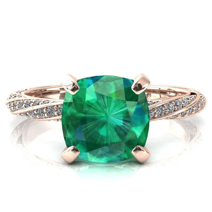 Elysia Cushion Emerald 4 Prong 34 Eternity Diamond Accent Ring Fire Brilliance Rings