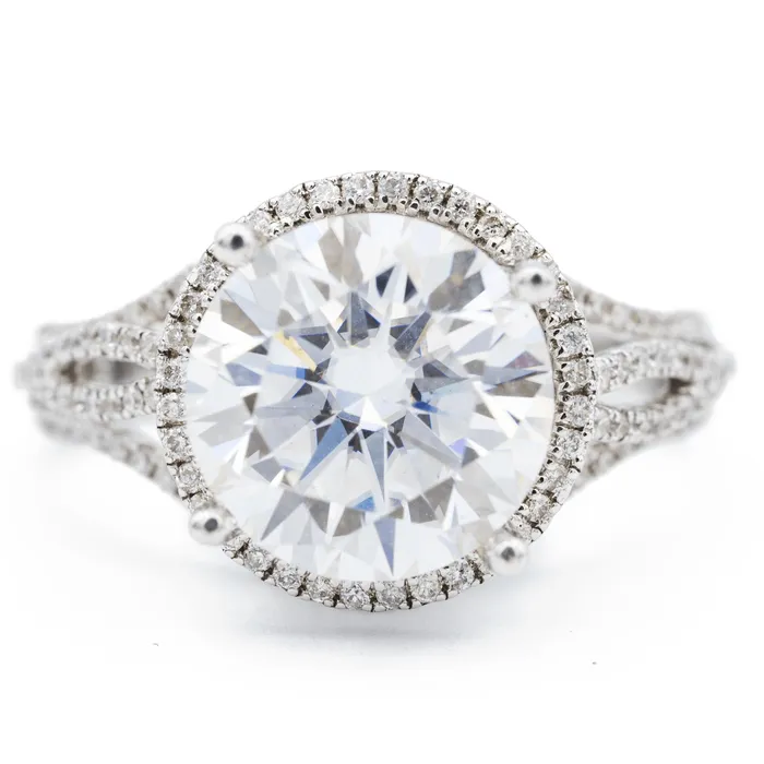 Fire Brilliance 10mm Round Center 14K White Gold Diamond Micropave Halo Wavy Shank Ring Rings Fire Brilliance 10mm Round Center 14K White Gold Diamond Micropave Halo Wavy Shank Ring Rings