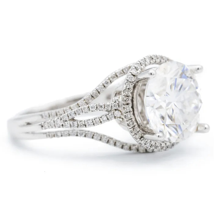 Fire Brilliance 10mm Round Center 14K White Gold Diamond Micropave Halo Wavy Shank Ring Rings