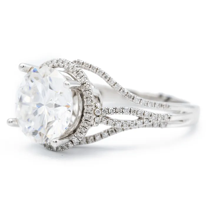 Fire Brilliance 10mm Round Center 14K White Gold Diamond Micropave Halo Wavy Shank Ring Rings