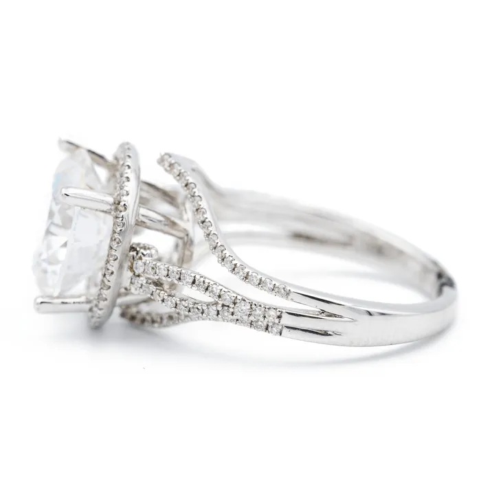 Fire Brilliance 10mm Round Center 14K White Gold Diamond Micropave Halo Wavy Shank Ring Rings
