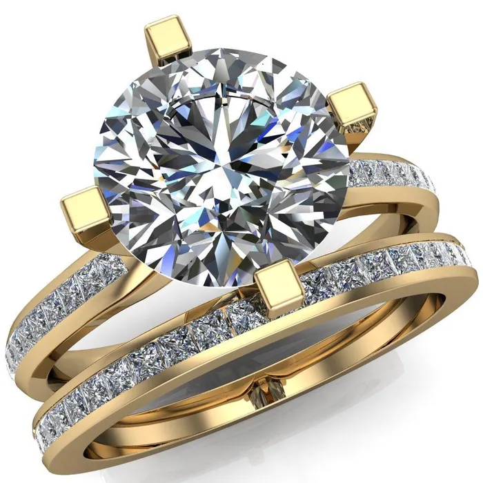 Fire Brilliance Perla Round Center Stone T Shaped 4 Prong Slim Pinched Diamond Shank Ring Rings