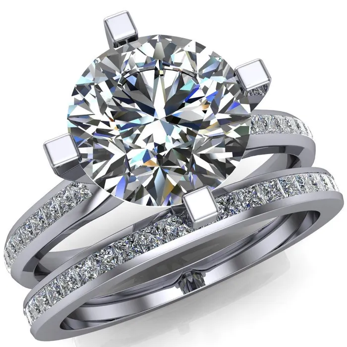 Fire Brilliance Perla Round Center Stone T Shaped 4 Prong Slim Pinched Diamond Shank Ring Rings