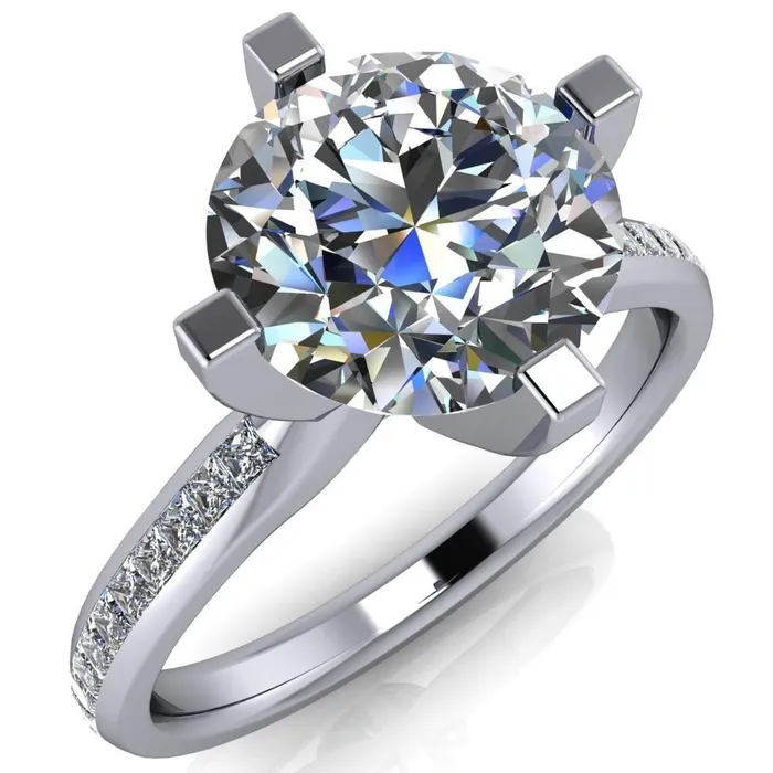 Fire Brilliance Perla Round Center Stone T Shaped 4 Prong Slim Pinched Diamond Shank Ring Rings