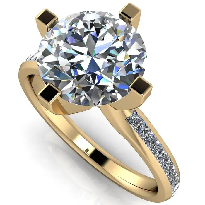 Fire Brilliance Perla Round Center Stone T Shaped 4 Prong Slim Pinched Diamond Shank Ring Rings