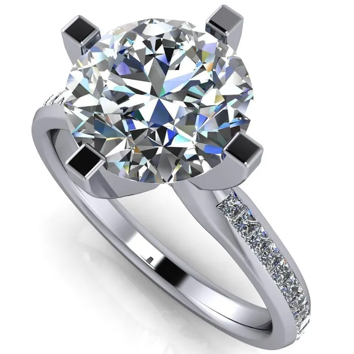 Fire Brilliance Perla Round Center Stone T Shaped 4 Prong Slim Pinched Diamond Shank Ring Rings