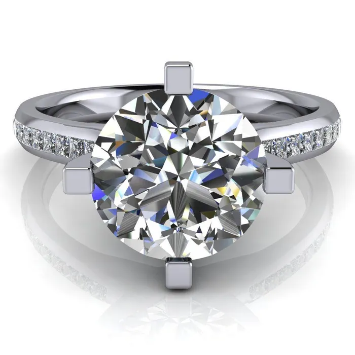 Fire Brilliance Perla Round Center Stone T Shaped 4 Prong Slim Pinched Diamond Shank Ring Rings