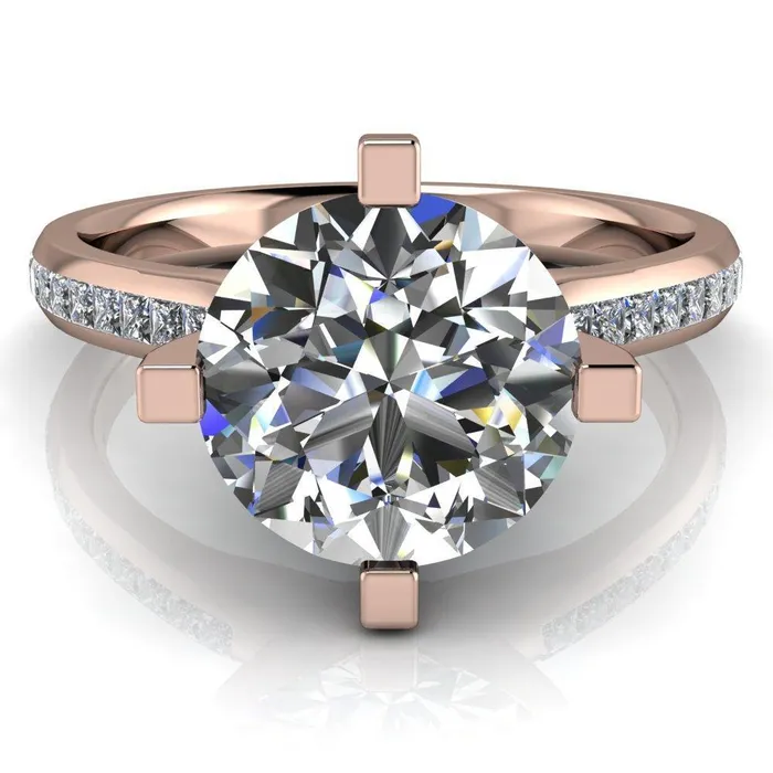 Fire Brilliance Perla Round Center Stone T Shaped 4 Prong Slim Pinched Diamond Shank Ring Rings