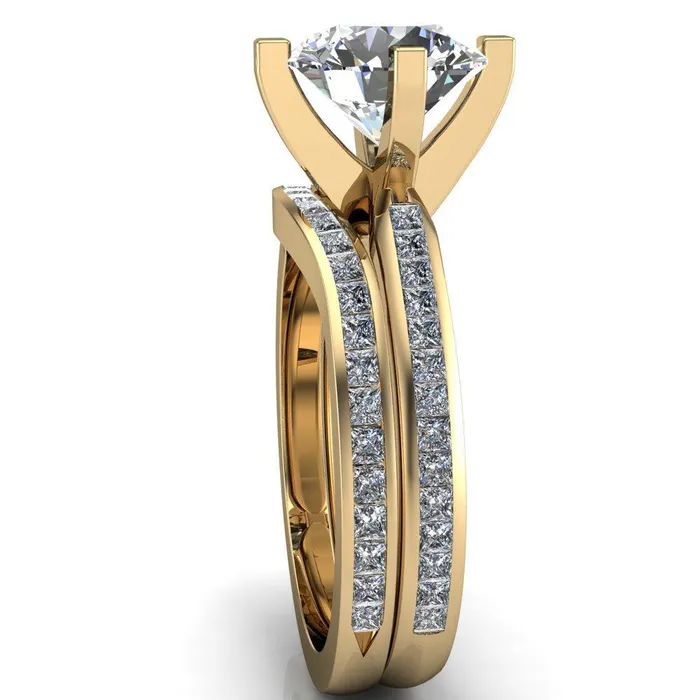 Fire Brilliance Perla Round Center Stone T Shaped 4 Prong Slim Pinched Diamond Shank Ring Rings