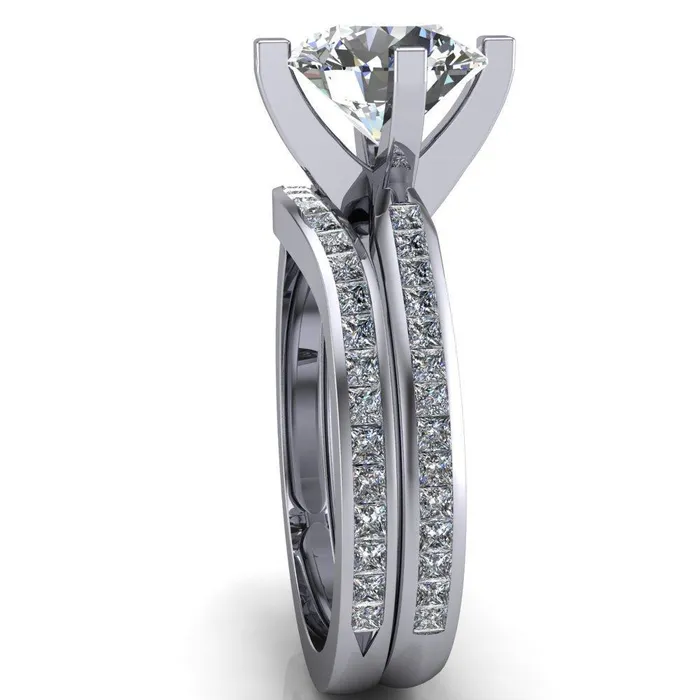 Fire Brilliance Perla Round Center Stone T Shaped 4 Prong Slim Pinched Diamond Shank Ring Rings