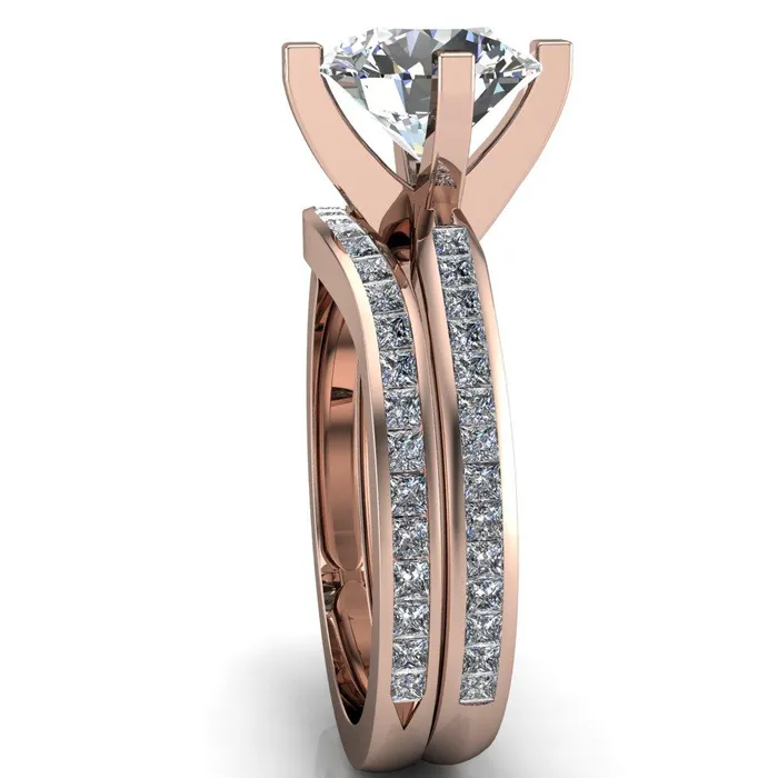 Fire Brilliance Perla Round Center Stone T Shaped 4 Prong Slim Pinched Diamond Shank Ring Rings