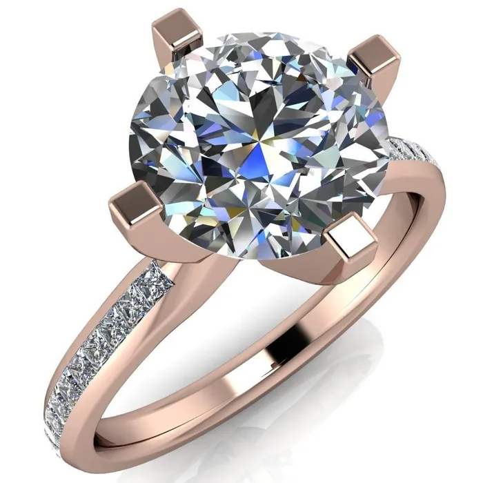 Fire Brilliance Perla Round Center Stone T Shaped 4 Prong Slim Pinched Diamond Shank Ring Rings