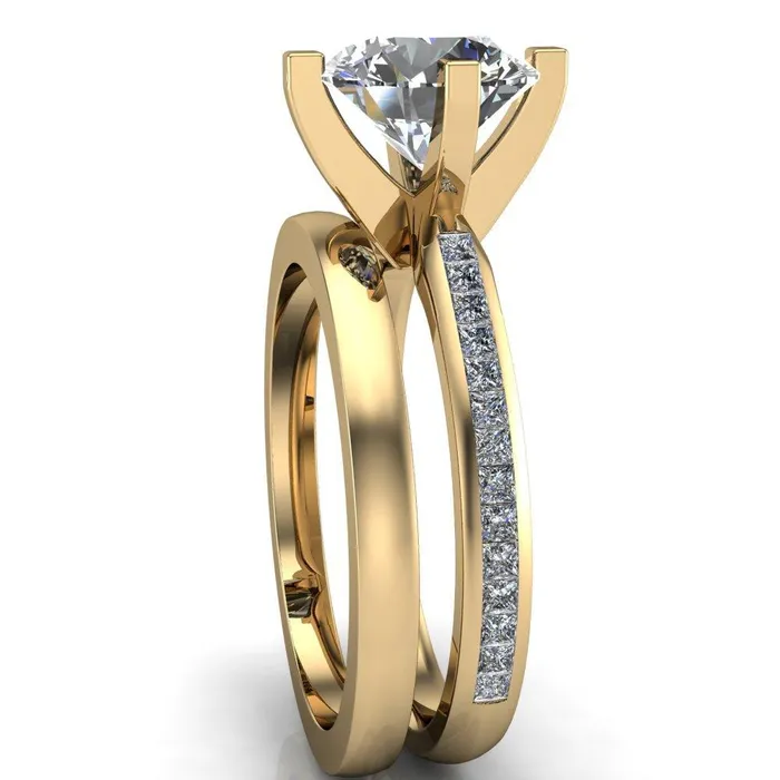 Fire Brilliance Perla Round Center Stone T Shaped 4 Prong Slim Pinched Diamond Shank Ring Rings
