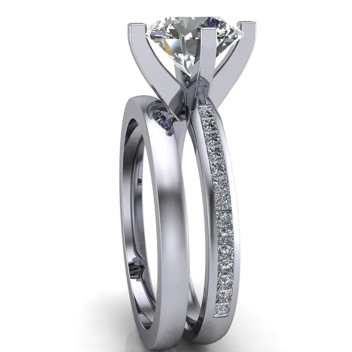 Fire Brilliance Perla Round Center Stone T Shaped 4 Prong Slim Pinched Diamond Shank Ring Rings