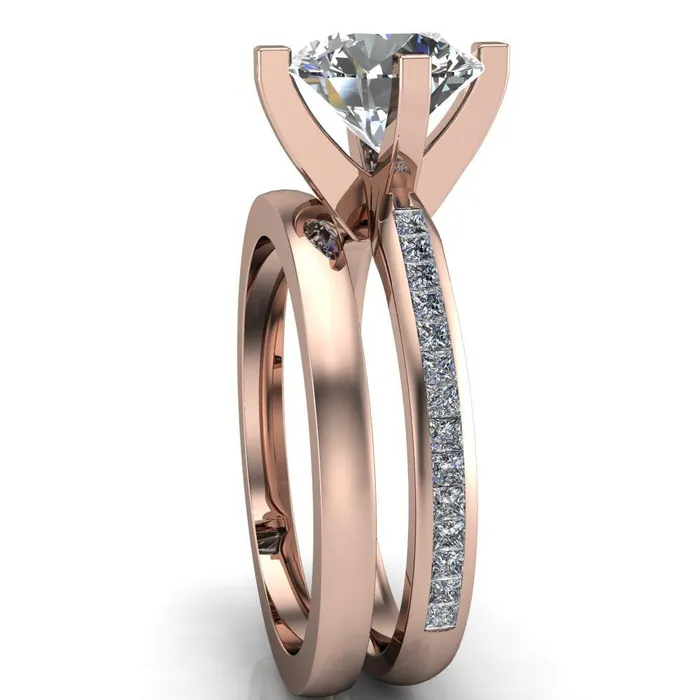 Fire Brilliance Perla Round Center Stone T Shaped 4 Prong Slim Pinched Diamond Shank Ring Rings