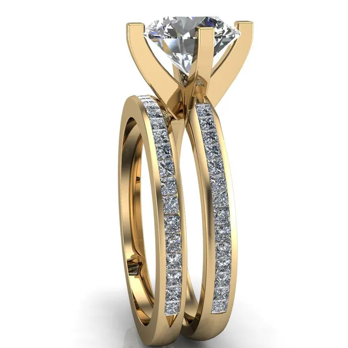 Fire Brilliance Perla Round Center Stone T Shaped 4 Prong Slim Pinched Diamond Shank Ring Rings