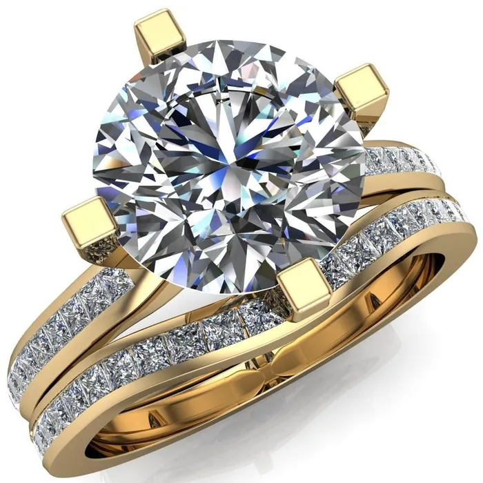 Fire Brilliance Perla Round Center Stone T Shaped 4 Prong Slim Pinched Diamond Shank Ring Rings