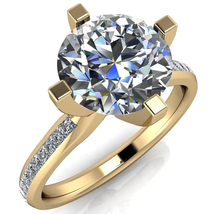 Fire Brilliance Perla Round Center Stone T Shaped 4 Prong Slim Pinched Diamond Shank Ring Rings