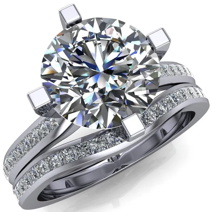 Fire Brilliance Perla Round Center Stone T Shaped 4 Prong Slim Pinched Diamond Shank Ring Rings