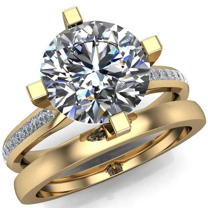 Fire Brilliance Perla Round Center Stone T Shaped 4 Prong Slim Pinched Diamond Shank Ring Rings