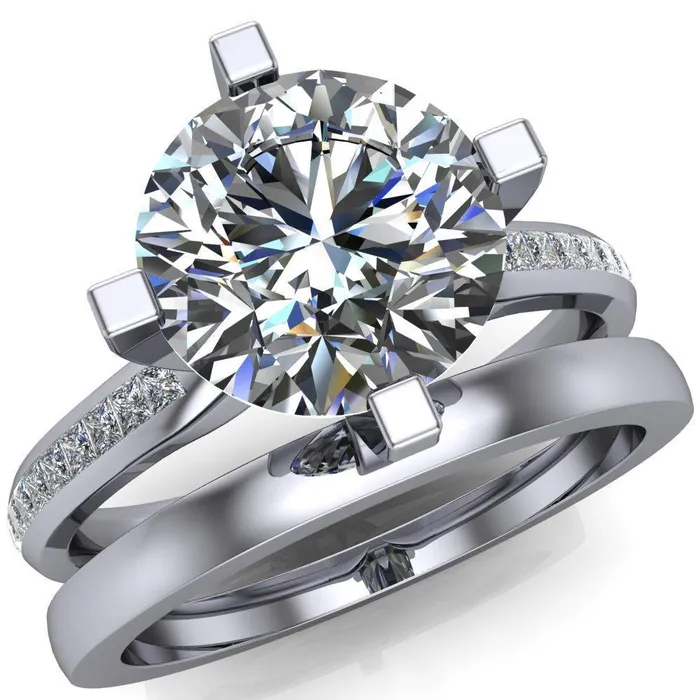Fire Brilliance Perla Round Center Stone T Shaped 4 Prong Slim Pinched Diamond Shank Ring Rings