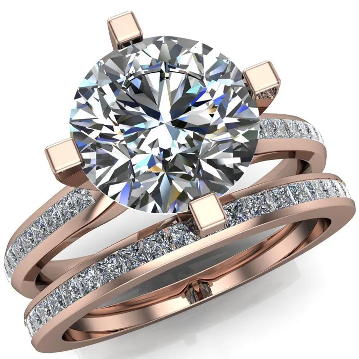 Fire Brilliance Perla Round Center Stone T Shaped 4 Prong Slim Pinched Diamond Shank Ring Rings