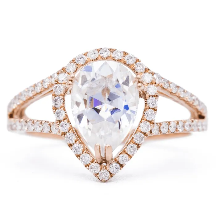 Fire Brilliance Rings 10x7mm Pear Center 14K Rose Gold Infinite Band Halo MicroPave Diamond Ring Fire Brilliance Rings 10x7mm Pear Center 14K Rose Gold Infinite Band Halo MicroPave Diamond Ring