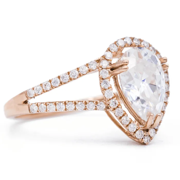Fire Brilliance Rings 10x7mm Pear Center 14K Rose Gold Infinite Band Halo MicroPave Diamond Ring