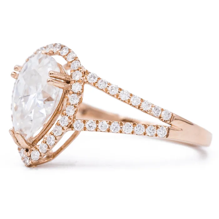 Fire Brilliance Rings 10x7mm Pear Center 14K Rose Gold Infinite Band Halo MicroPave Diamond Ring