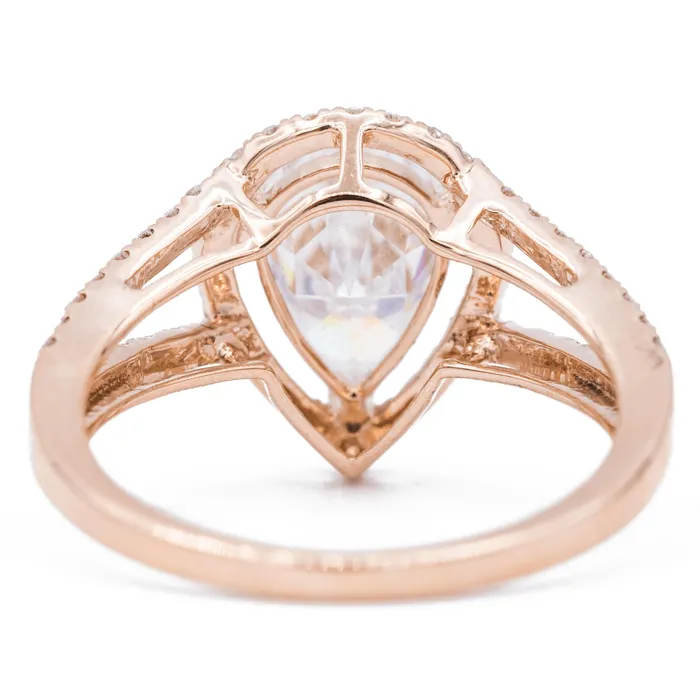Fire Brilliance Rings 10x7mm Pear Center 14K Rose Gold Infinite Band Halo MicroPave Diamond Ring