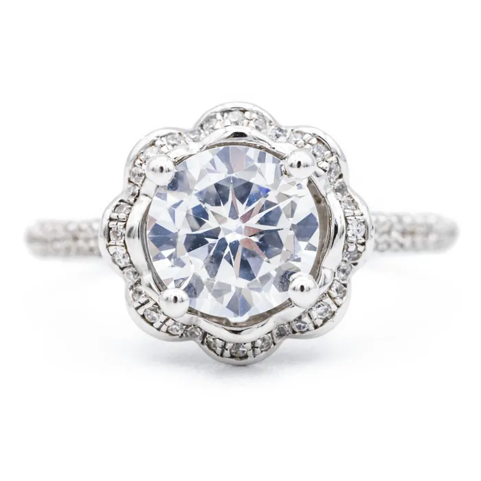 Fire Brilliance Rings 8mm Round Center 14K White Solid Gold Diamond Shank Floral Halo Design Ring Fire Brilliance Rings 8mm Round Center 14K White Solid Gold Diamond Shank Floral Halo Design Ring