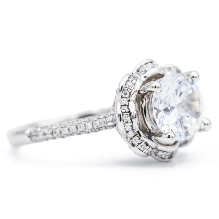 Fire Brilliance Rings 8mm Round Center 14K White Solid Gold Diamond Shank Floral Halo Design Ring