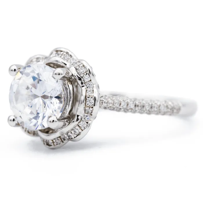 Fire Brilliance Rings 8mm Round Center 14K White Solid Gold Diamond Shank Floral Halo Design Ring