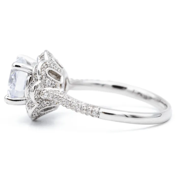 Fire Brilliance Rings 8mm Round Center 14K White Solid Gold Diamond Shank Floral Halo Design Ring
