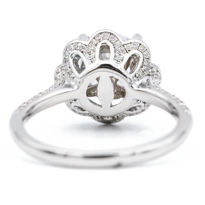 Fire Brilliance Rings 8mm Round Center 14K White Solid Gold Diamond Shank Floral Halo Design Ring