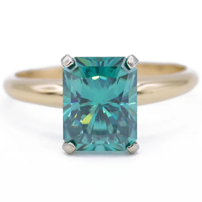 Fire Brilliance Rings 9x7mm Medium Light Emerald Green Radiant Moissanite 14KY and 14KW TwoTone Solitaire Ring