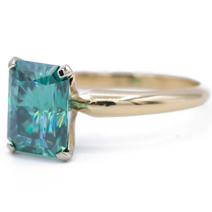 Fire Brilliance Rings 9x7mm Medium Light Emerald Green Radiant Moissanite 14KY and 14KW TwoTone Solitaire Ring