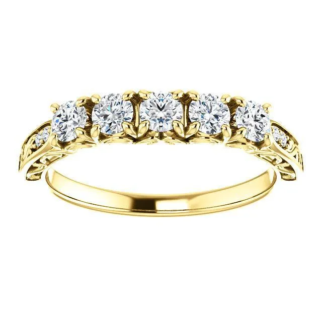 Fire Brilliance Rings Estella Round Moissanite Filigree Scrolls Engagement Band