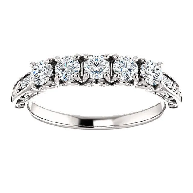 Fire Brilliance Rings Estella Round Moissanite Filigree Scrolls Engagement Band
