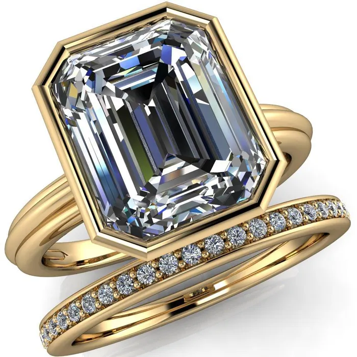 Fire Brilliance Rings Fenestra Emerald Center Stone Bezel HalfRound Edge Shank Engagement Ring