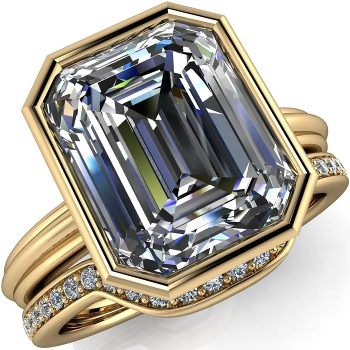 Fire Brilliance Rings Fenestra Emerald Center Stone Bezel HalfRound Edge Shank Engagement Ring