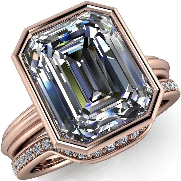 Fire Brilliance Rings Fenestra Emerald Center Stone Bezel HalfRound Edge Shank Engagement Ring