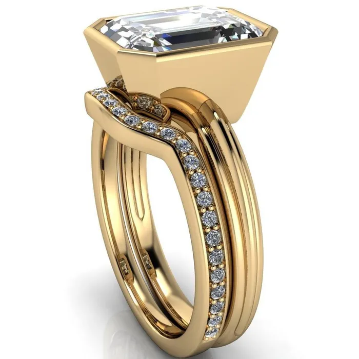 Fire Brilliance Rings Fenestra Emerald Center Stone Bezel HalfRound Edge Shank Engagement Ring
