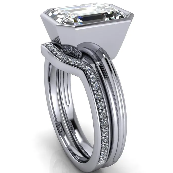 Fire Brilliance Rings Fenestra Emerald Center Stone Bezel HalfRound Edge Shank Engagement Ring