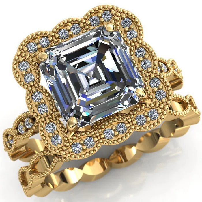 Fire Brilliance Rings Ingrid Asscher Moissanite Calysta Halo Ring