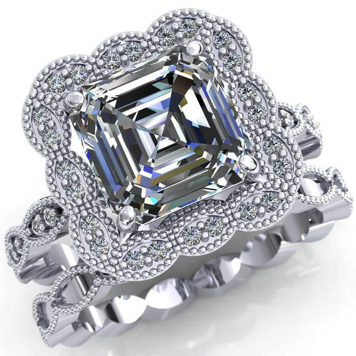 Fire Brilliance Rings Ingrid Asscher Moissanite Calysta Halo Ring